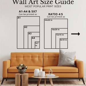May include: A guide to wall art print sizes, showing the dimensions of A1, A2, A3, A4, and 5x7 prints in inches. The guide also shows the dimensions of prints with a 4:5 ratio, including 24x30 inches, 16x20 inches, 12x15 inches, and 8x10 inches.