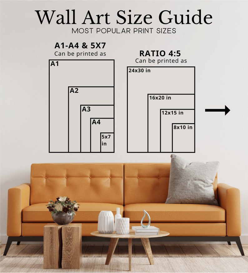 May include: A guide to wall art print sizes, showing the dimensions of A1, A2, A3, A4, and 5x7 prints in inches. The guide also shows the dimensions of prints with a 4:5 ratio, including 24x30 inches, 16x20 inches, 12x15 inches, and 8x10 inches.