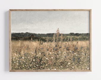 French Country Wildflower Meadow Landscape Oil Painting, French Antique Wildflowers Print, Farmhouse Painting, French Country Wall Art