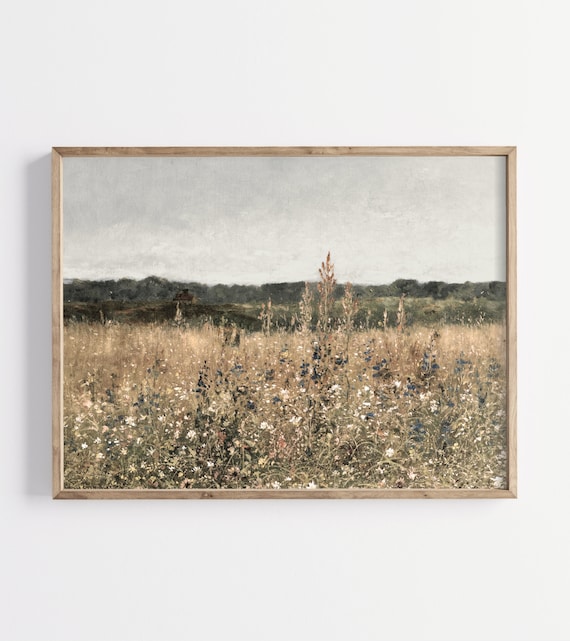 フランスの田舎の野花の草原の風景油絵、フランスのアンティーク フランスの田舎の野花の草原の風景油絵、フランスのアンティーク