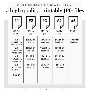 May include: Chart showing five different printable JPG file sizes for digital downloads. The chart includes the file size in inches and centimeters, as well as the aspect ratio of each file. The file sizes include A1, A2, A3, A4, and 5x7.