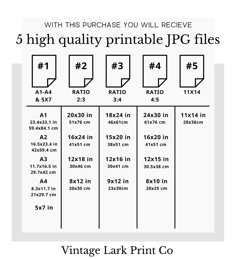 May include: Chart showing five different printable JPG file sizes for digital downloads. The chart includes the file size in inches and centimeters, as well as the aspect ratio of each file. The file sizes include A1, A2, A3, A4, and 5x7.