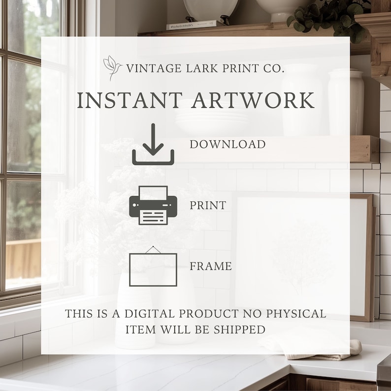 Op de afbeelding: Een witte achtergrond met zwarte tekst die "Vintage Lark Print Co. Instant Artwork" luidt, met een downloadpictogram, een printerpictogram en een kaderpictogram. De tekst hieronder luidt "Dit is een digitaal product, er wordt geen fysiek item verzonden."