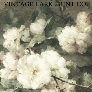 May include: A vintage painting of white roses with green leaves. The painting has a textured, brushstroke effect and is titled "Vintage Lark Print Co."