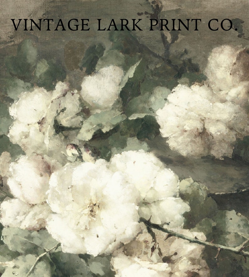 May include: A vintage painting of white roses with green leaves. The painting has a textured, brushstroke effect and is titled "Vintage Lark Print Co."