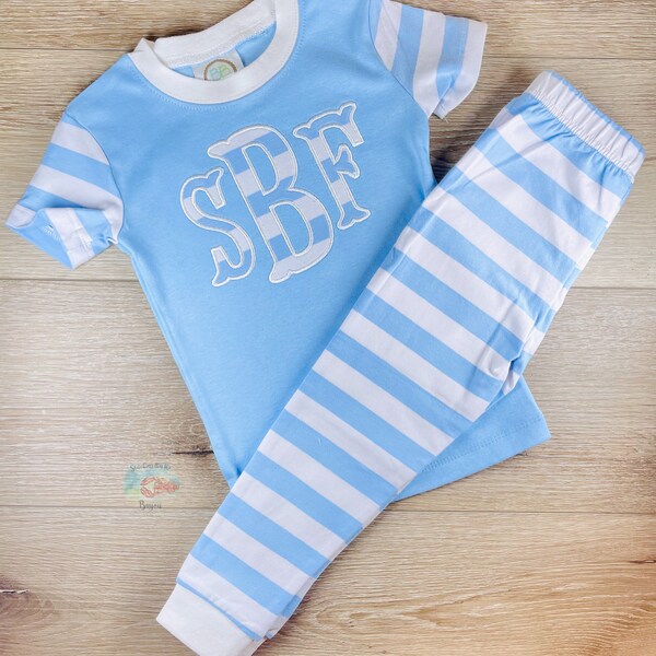 Monogrammed Pajama Set, Embroidered Pajamas, Kids Monogrammed Pajamas, Applique Monogram, Striped Pajama Set, Personalized Gift, Pajama Gift