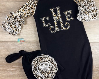 Cheetah Monogrammed Baby Gown, Personalized Baby Girl Gown, Baby Shower Gift, Leopard Gown, Applique Monogram, Coming Home Outfit, Baby Gown