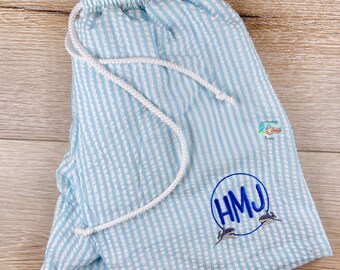 Boys Seersucker Swimsuit, Monogrammed Swimsuit, Baby Seersucker Swimsuit, Embroidered Swimsuit, Boys Swimsuit, Swim Trunks For Boys, Toddler