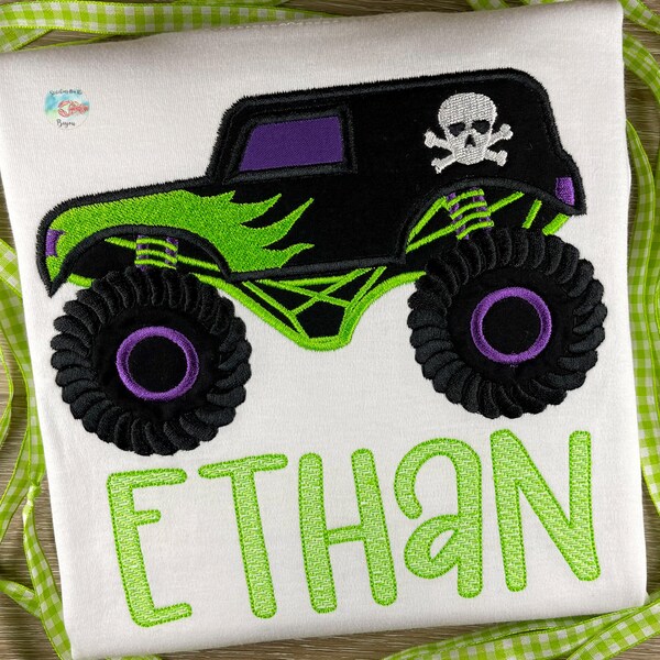 Monster Truck Personalized, Embroidered Monster Truck, Monster Truck Shirt, Appliquéd Shirt, Green and Purple Monster Truck, Kids Shirt