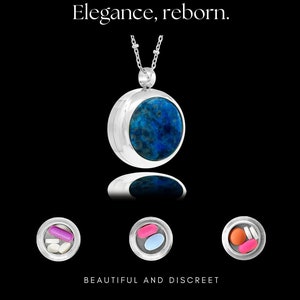 Round Pill Locket Necklace, Secure Waterproof Closure Med Box Jewelry, Medication holder with 26" Chain (Silver w/ Lapis)