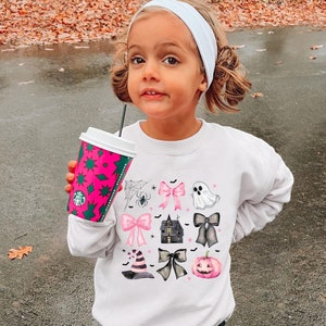 Pink Halloween Bows Shirt for Girls Coquette Halloween Retro Sweatshirt Toddlers Hoodie Creepy Cute Halloween Onesie Preppy Halloween Shirt
