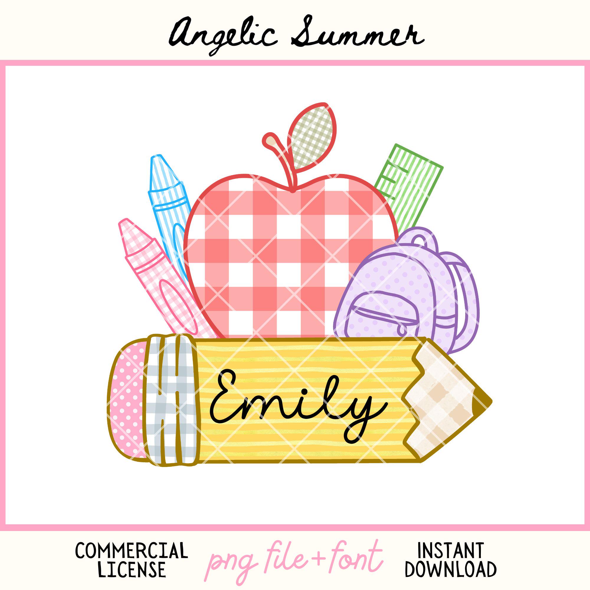 Preppy Back To School PNG Name Tag Block Plate Custom Personalizable name Pencil Gingham Apple Crayon Seersucker Girly Hand Drawn Polka Dots