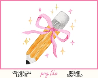 Pencil bow PNG coquette Back to school png preppy watercolor pencil teacher Png cute pencil pink bow sparkles trendy sublimation design