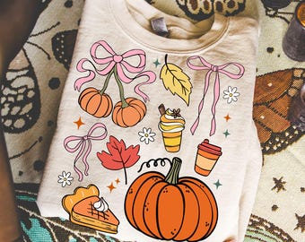 Coquette Fall PNG Doodle Collage Whimsical PNG Hand Drawn Pumpkin Retro Cozy Season Preppy Spice Latte Trendy Sublimation Digital Wall Art
