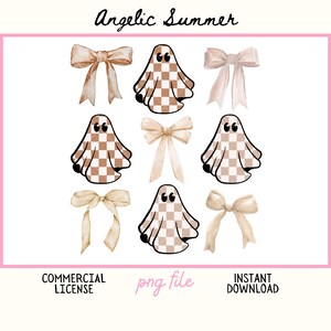May include: A digital graphic featuring watercolor bows and ghost illustrations. The bows are in shades of beige and tan. The ghosts have a checkered pattern in brown and tan. Text includes "Angelic Summer", "Commercial License", "png file", and "Instant Download".