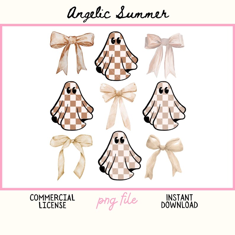 May include: A digital graphic featuring watercolor bows and ghost illustrations. The bows are in shades of beige and tan. The ghosts have a checkered pattern in brown and tan. Text includes "Angelic Summer", "Commercial License", "png file", and "Instant Download".