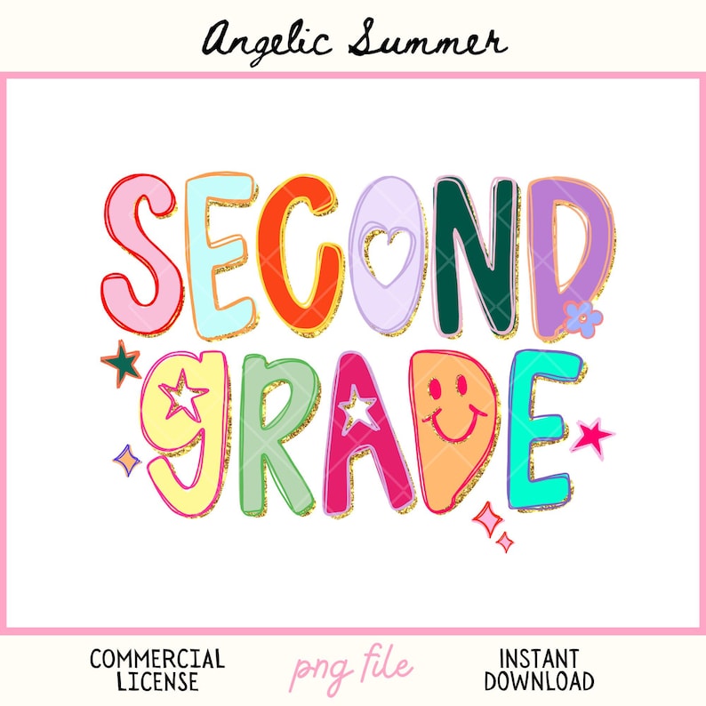 Puede incluir: Un dise&ntilde;o gr&aacute;fico colorido con las palabras "SECOND GRADE" en letras de burbujas. Las letras est&aacute;n delineadas con purpurina dorada y presentan varios colores, incluyendo rosa, naranja, verde y azul. La imagen tambi&eacute;n incluye estrellas, un coraz&oacute;n y una carita sonriente.