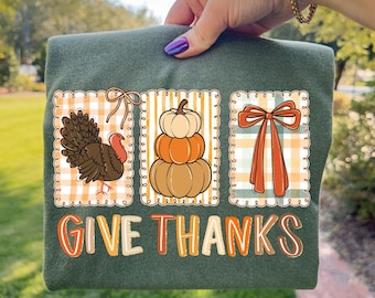 Coquette Give Thanks PNG Thanksgiving Hand Drawn Doodle Whimsical Three Frames Bow Preppy Brush Stroke Fall Retro Trendy Sublimation 2025