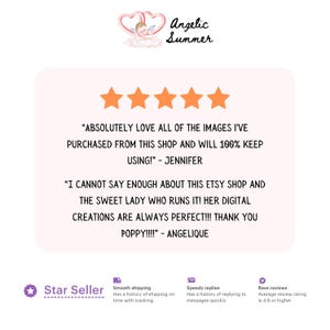K&ouml;nnte beinhalten: Eine Kundenbewertungsgrafik f&uuml;r den Shop Angelic Summer mit f&uuml;nf orangefarbenen Sternen und zwei Erfahrungsberichten von Jennifer und Angelique. Der Text lobt digitale Kreationen und die Inhaberin. Unten ist ein Star Seller Abzeichen.