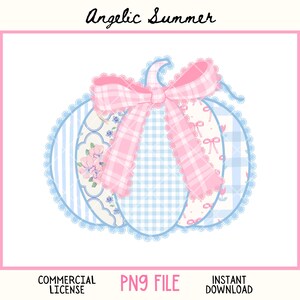 May include: A digital illustration of a pumpkin with a pink and blue color scheme. The pumpkin is decorated with various patterns, including stripes, gingham, and floral designs. A large pink gingham bow adorns the top. The text "Angelic Summer" is at the top.