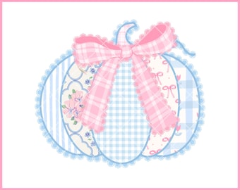 Lace Preppy Pumpkin PNG Blue Faux Seersucker Floral Pink Gingham Fall PNG Coquette Thanksgiving Boho Girly Retro Pumpkin Patch Wall Art 2025