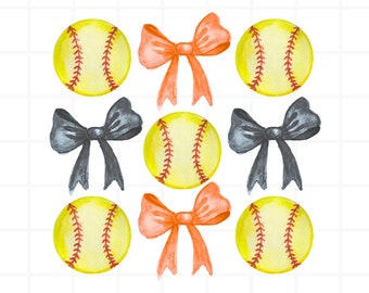 Kokette Softball PNG Vintage Aquarell digitale Datei schwarz orange Schleife Schleife Ball Ästhetische PNG Mama girly preppy Boujie 300 DPI