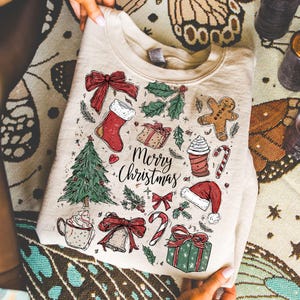 Retro Christmas PNG Doodle Collage Christmas Tree Hot Chocolate Coquette Preppy Bow Santa Distressed grunge candy cane Gingerbread Country image 1