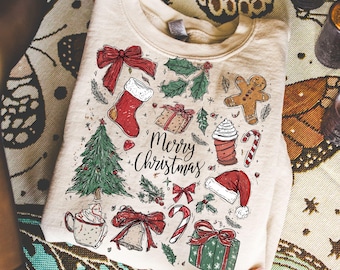 Retro Weihnachten PNG Doodle Collage Weihnachtsbaum Heiße Schokolade Kokette Preppy Schleife Weihnachtsmann Distressed Grunge Zuckerstange Lebkuchen Land