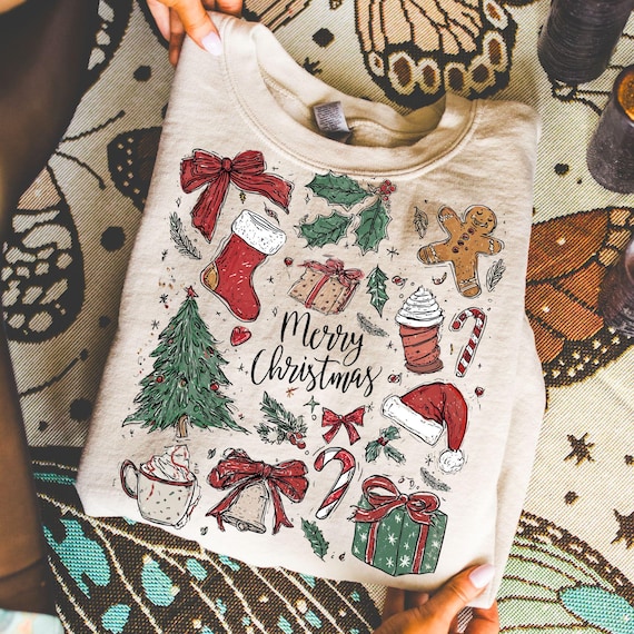 Retro Christmas PNG Doodle Collage Christmas Tree Hot Chocolate Coquette Preppy Bow Santa Distressed grunge candy cane Gingerbread Country