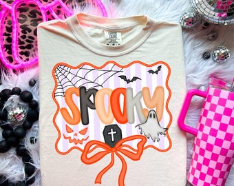 Coquette Halloween PNG Spooky Neon Doodle Hand Drawn halloween PNG Kids Girly Bow Frame Seersucker Ghost Pumpkin Spider PNG file sublimation