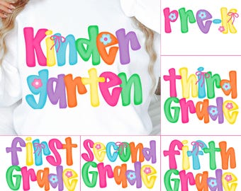 Back to School PNG Bundle Doodle Grades Kindergarten Pre-K 1st 2d 3d 4th 5th First day Grade Preppy Neon Colorful Hand Drawn Teacher Girl