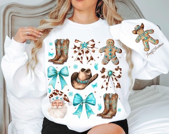Western Christmas Coquette PNG Western Turquoise Gem Stones Cow Bows Santa Cowboy Boots Gingerbread Digital Download Christmas Mama Design