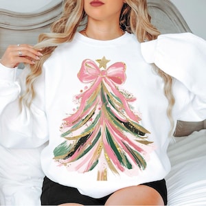 Colorful Christmas Tree PNG Hand drawn doodle Png Brush strokes Coquette Pink Bow Faux glitter Gold Festive Ornament Art Holiday Projects