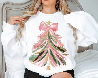 Colorful Christmas Tree PNG Hand drawn doodle Png Brush strokes Coquette Pink Bow Faux glitter Gold Festive Ornament Art Holiday Projects