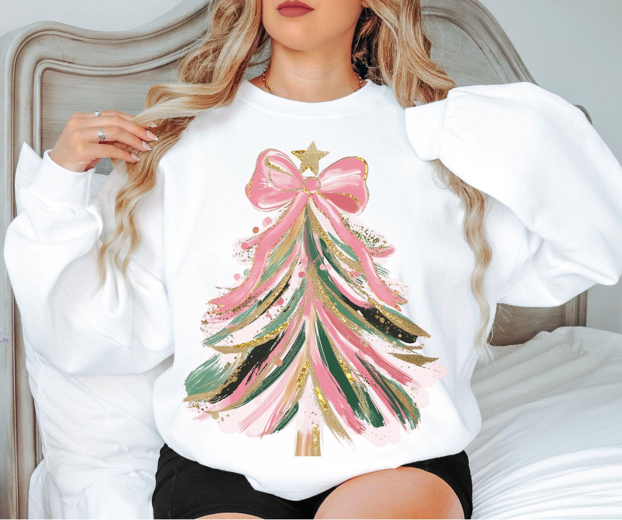 Colorful Christmas Tree PNG Hand drawn doodle Png Brush strokes Coquette Pink Bow Faux glitter Gold Festive Ornament Art Holiday Projects