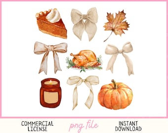 Puede incluir: Ilustraciones en acuarela de elementos otoñales y de Acción de Gracias, incluyendo una tarta de calabaza, lazos, un pavo asado, una vela, una hoja de arce y una calabaza. El texto incluye "Angelic Summer", "Commercial License", "png file" y "Instant Download".