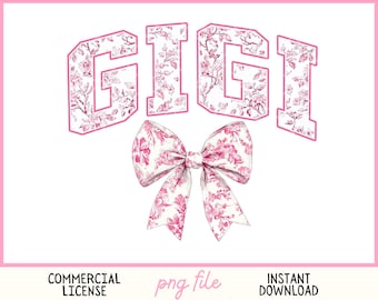 Gigi Chinoiserie PNG Varsity Coquette Bow PNG Pink floral Toile de Jouy Vintage Png grandma gift Sublimation Trendy design Retro File Girly
