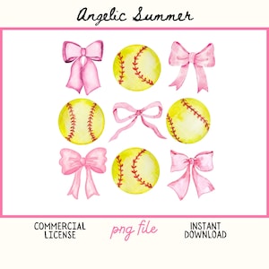 Coquette Softball PNG Vintage Watercolor digital file pink bow ribbon ball Aesthetic PNG mom girly preppy boujie 300 DPI