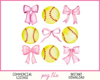 Coquette Softball PNG Vintage Watercolor digital file pink bow ribbon ball Aesthetic PNG mom girly preppy boujie 300 DPI