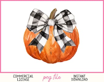 Fall PNG pumpkin with checkered bow Coquette Halloween png Fall check png sublimation design for kids Spooky Png Halloween decor wall art