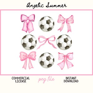 May include: Watercolor illustration featuring pink bows and soccer balls. The image includes the text "Angelic Summer", "Commercial License", "png file", and "Instant Download". The bows are a soft pink, and the soccer balls are white and black.