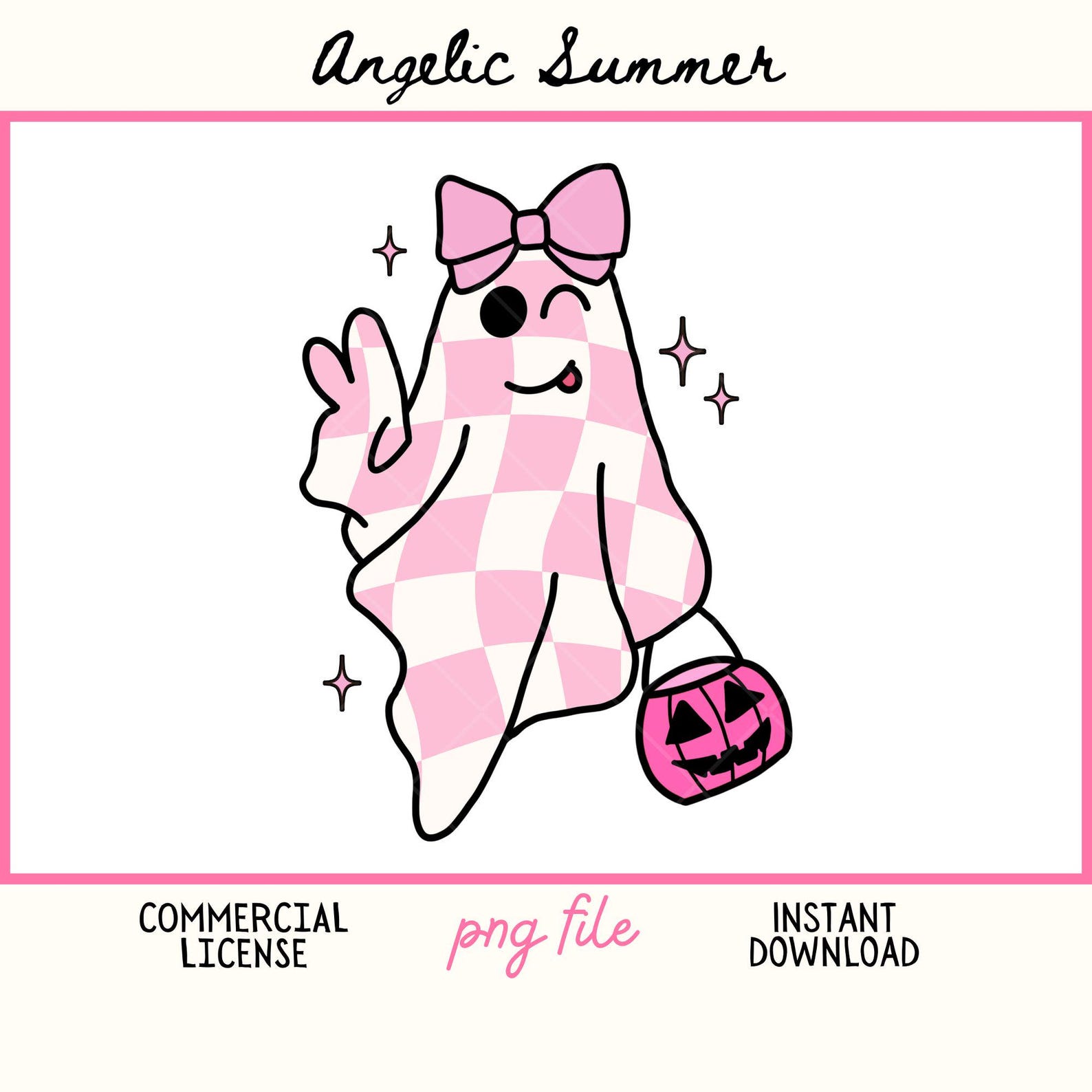 Coquette Ghost Halloween PNG Checkered Ghost With Pink Bow Png Boujie ...
