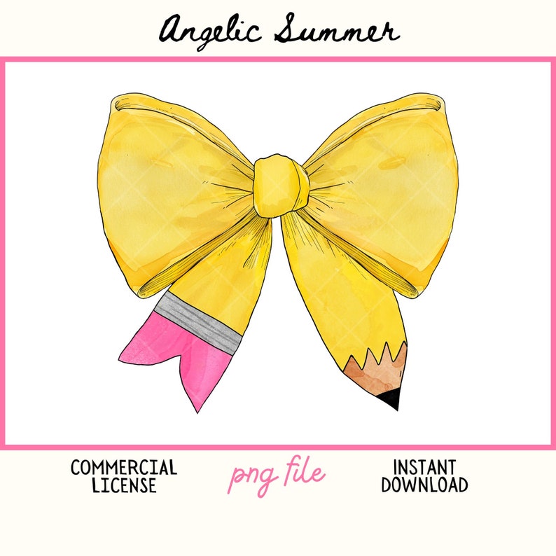 May include: A yellow watercolor bow with a pencil design. The bow is tied with a pink ribbon. The pencil is sharpened and has a black eraser.