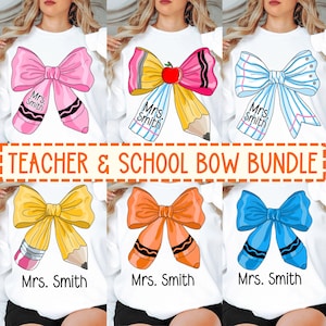 May include: A set of six sublimation designs featuring different colored bows with a pencil and the text "Mrs. Smith". The bows are yellow, pink, blue, orange, white with blue stripes, and white with black polka dots.