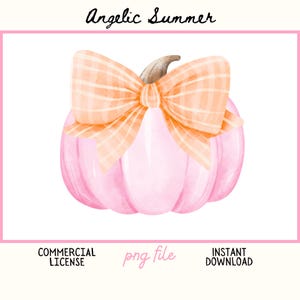 Puede incluir: Ilustración en acuarela de una calabaza rosa con un lazo a cuadros naranja claro. La imagen contiene el texto "Angelic Summer", "Commercial License", "png file" e "Instant Download".