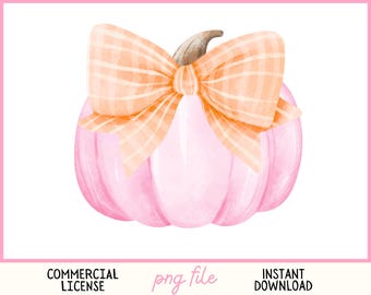 May include: A watercolor illustration of a pink pumpkin with a light orange plaid bow. The image has the text "Angelic Summer", "Commercial License", "png file", and "Instant Download".
