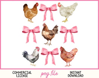 Coquette Chicken PNG 3x3 pink bows retro animal lover farm cottagecore girly girl tshirt sublimation gift  trendy aesthetic watercolor