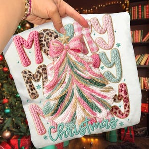 Faux Yarn Merry Christmas PNG Coquette Whimsical Pink Bow gingham leopard glitter Tree Preppy PNG Latch Hook Crochet kids 2025 Ornament