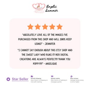 Op de afbeelding: Een digitale kunstafbeelding met de tekst "Angelic Summer" en klantbeoordelingen. De beoordelingen worden weergegeven met vijf gouden sterren en bevatten citaten van Jennifer en Angelique. De afbeelding bevat ook een "Star Seller"-badge.