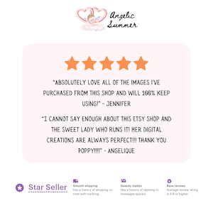 May include: A digital art graphic with the text "Angelic Summer" and customer reviews. The reviews are displayed with five gold stars and quotes from Jennifer and Angelique. The image also includes a "Star Seller" badge.